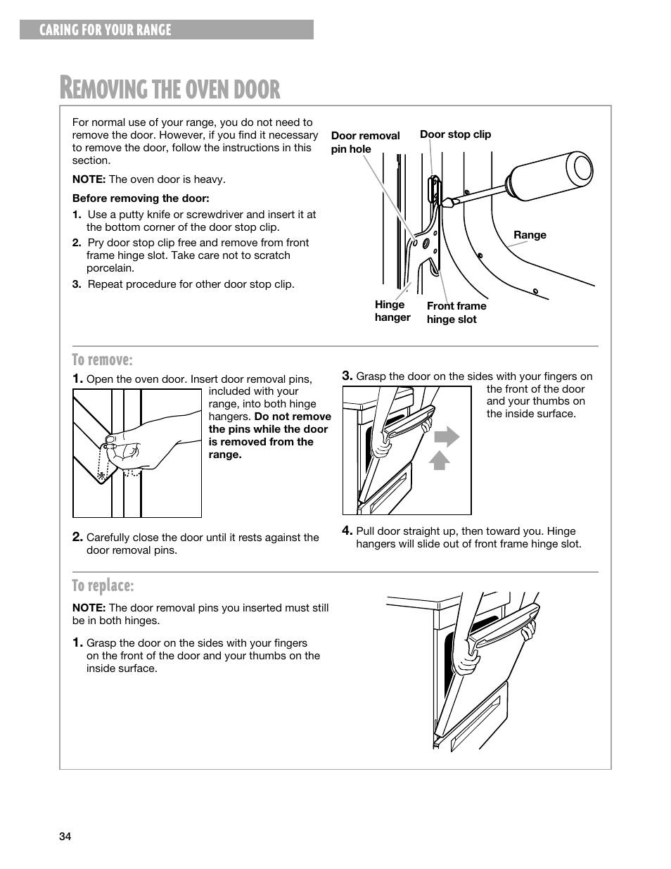 Removing the oven door, Emoving, Oven | Door | Whirlpool FEP330G User Manual | Page 34 / 40