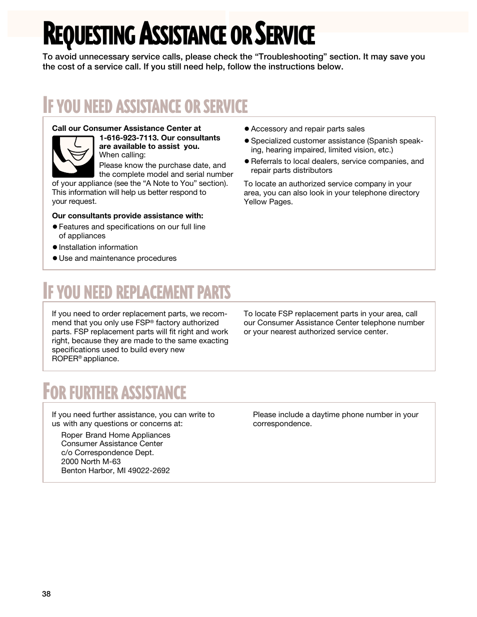 Requesting assistance or service, Equesting, Ssistance | Ervice, Need, Assistance, Service, Replacement, Parts, Further | Whirlpool FEP330G User Manual | Page 38 / 40