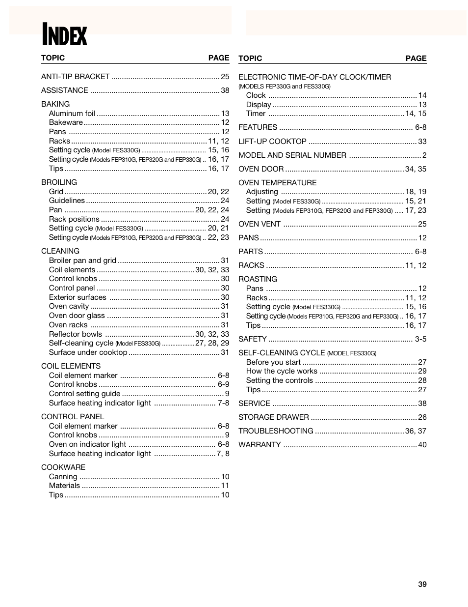 Index, Ndex | Whirlpool FEP330G User Manual | Page 39 / 40