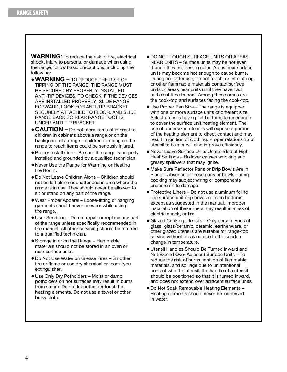 Important safety instructions, Save these instructions, Range safety | Whirlpool FEP330G User Manual | Page 4 / 40