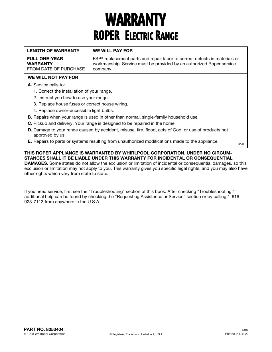 Warranty, Roper, Lectric | Ange | Whirlpool FEP330G User Manual | Page 40 / 40