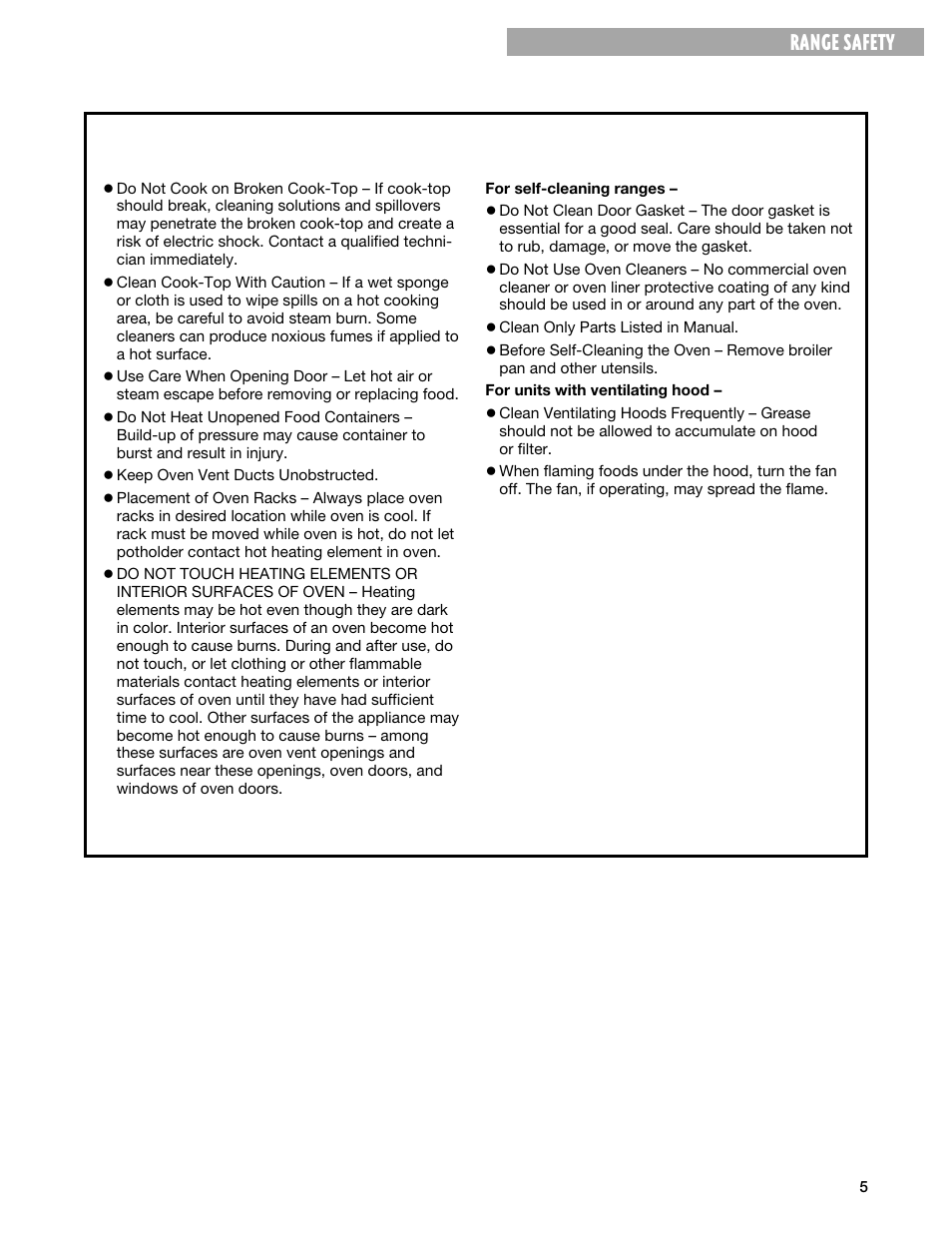 Range safety | Whirlpool FEP330G User Manual | Page 5 / 40