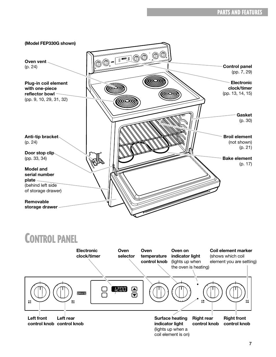 Ontrol, Panel, Parts and features | Rear front timer | Whirlpool FEP330G User Manual | Page 7 / 40