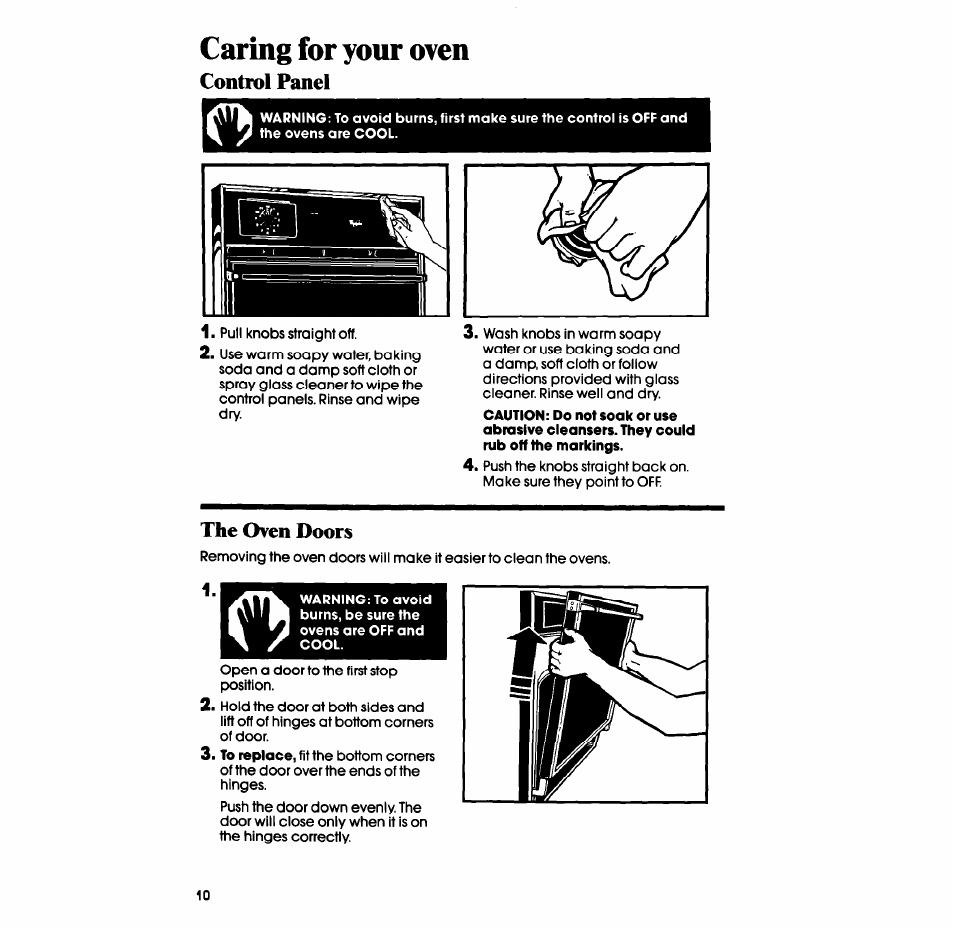 Caring for your oven, Control panel, The oven doors | Whirlpool SB100PER User Manual | Page 10 / 16