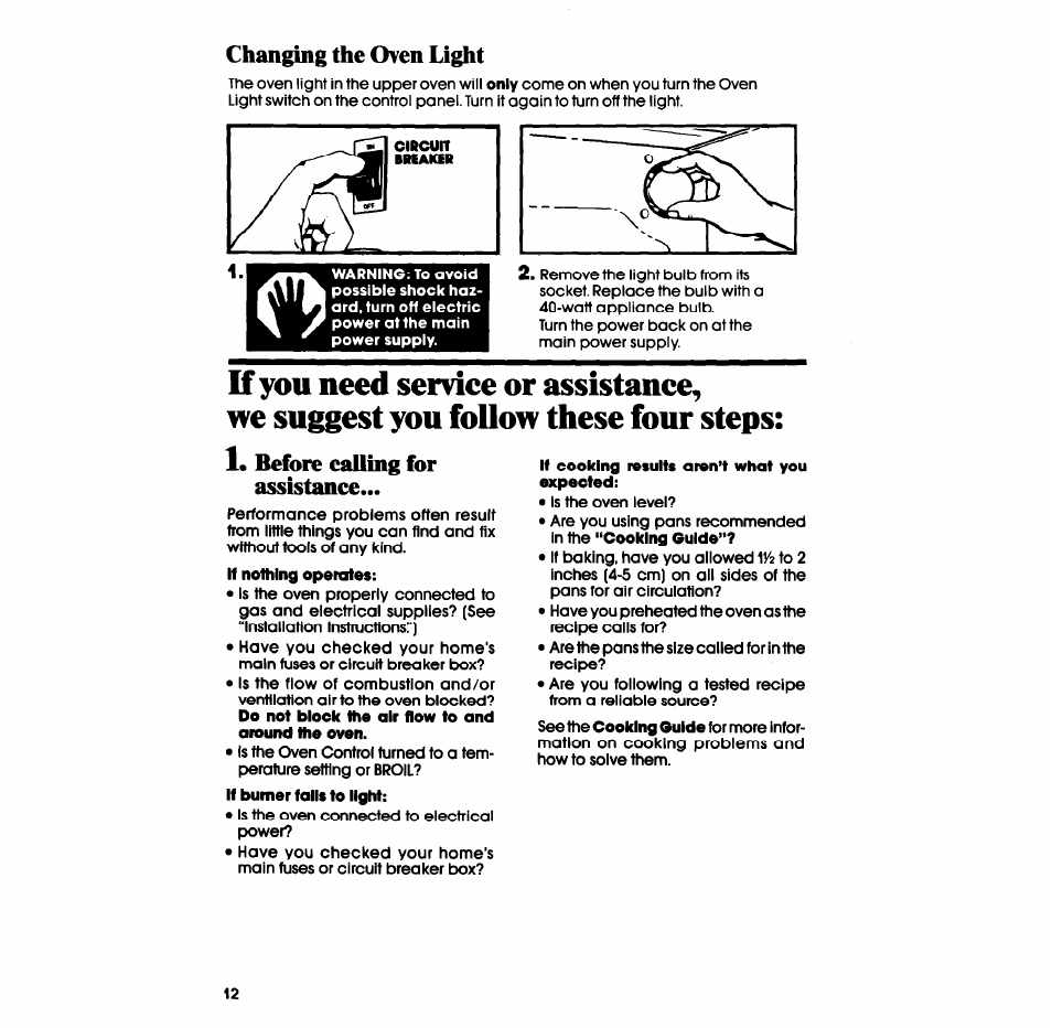 Changing the oven light, Before calling for assistance | Whirlpool SB100PER User Manual | Page 12 / 16