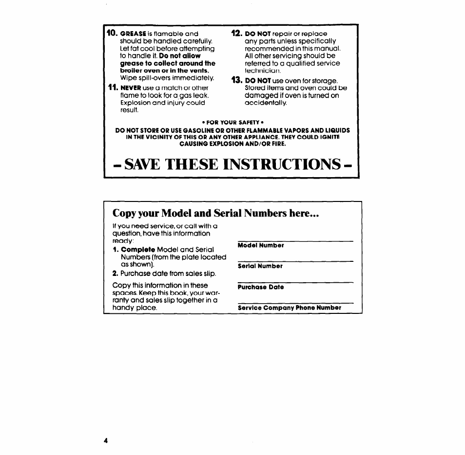 Save these instructions, Copy your model and serial numbers here | Whirlpool SB100PER User Manual | Page 4 / 16