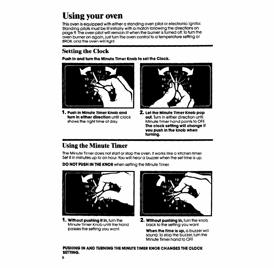 Using your oven, Setting the clock, Using the minute tinier | Whirlpool SB100PER User Manual | Page 6 / 16