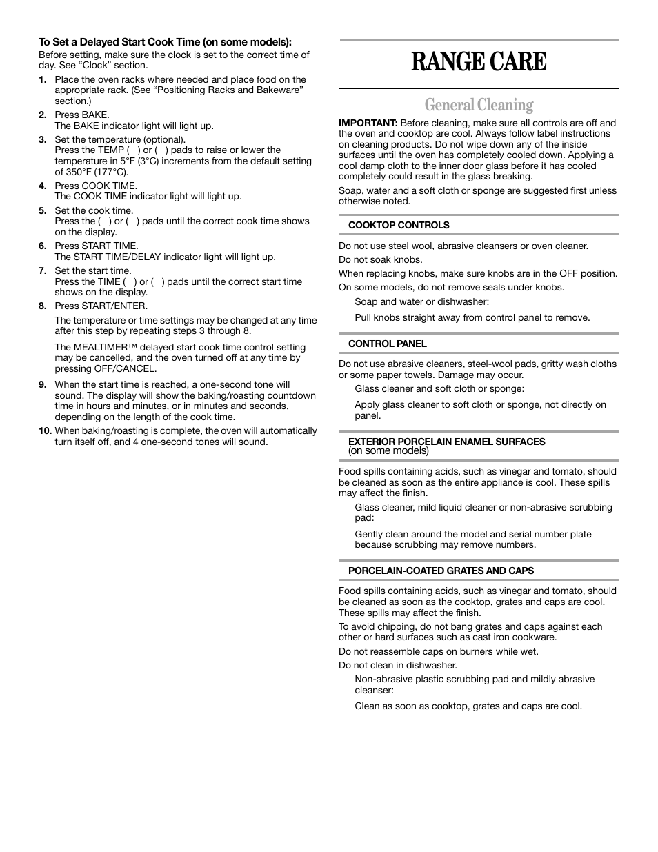 Range care, General cleaning | Whirlpool YSF315PEK User Manual | Page 13 / 52