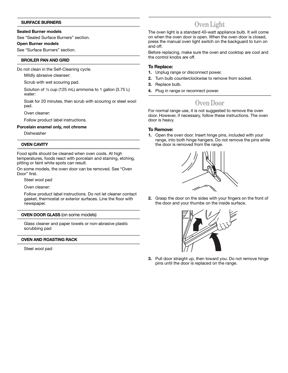Oven light, Oven door | Whirlpool YSF315PEK User Manual | Page 14 / 52
