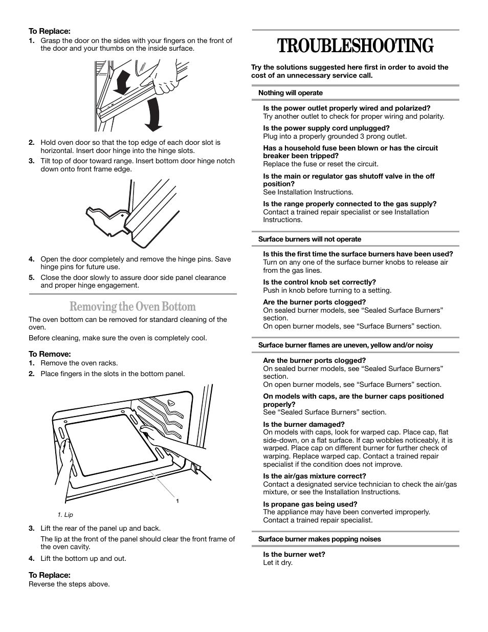 Troubleshooting, Removing the oven bottom | Whirlpool YSF315PEK User Manual | Page 15 / 52