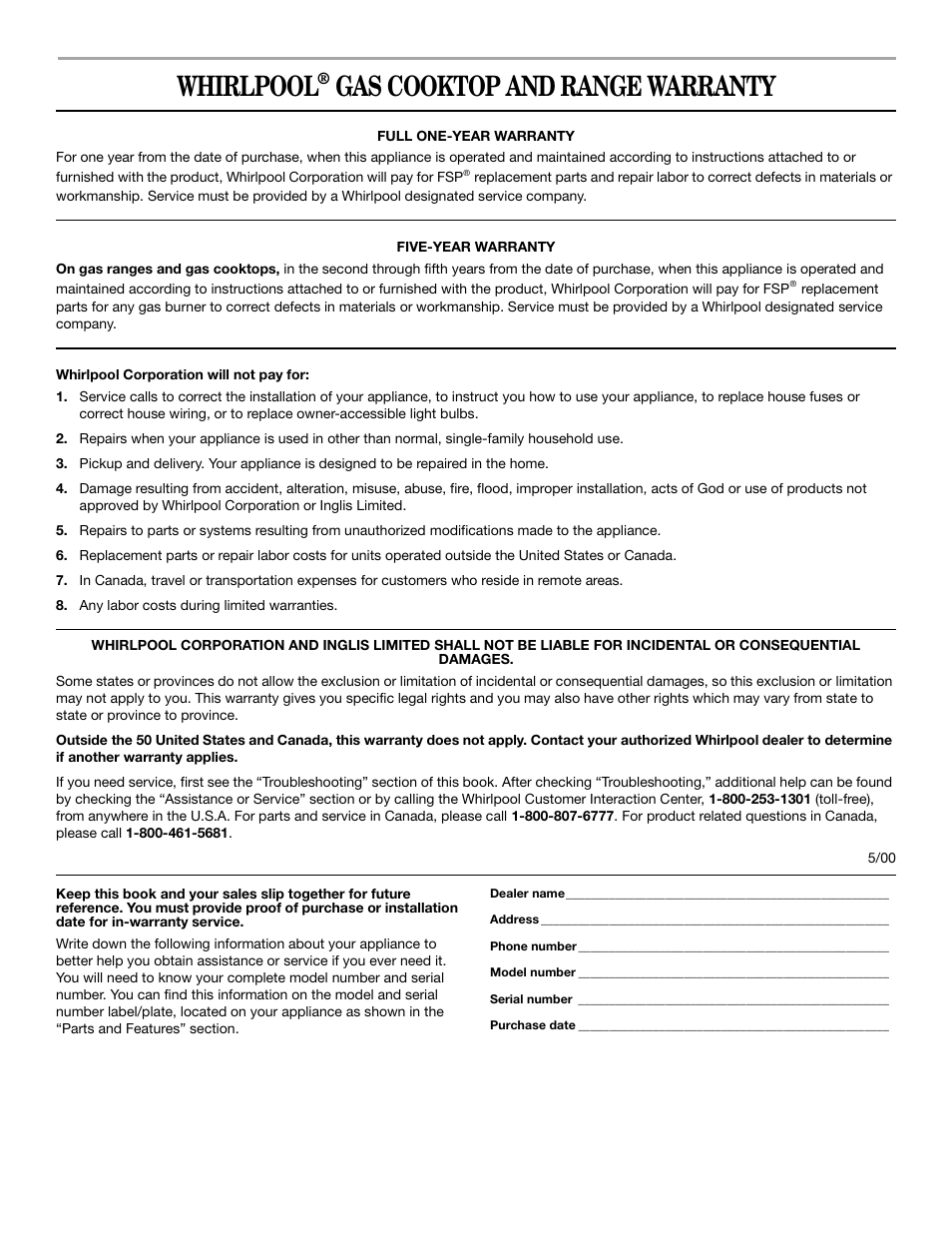 Warranty, Whirlpool, Cooktop and range warranty | Whirlpool YSF315PEK User Manual | Page 18 / 52