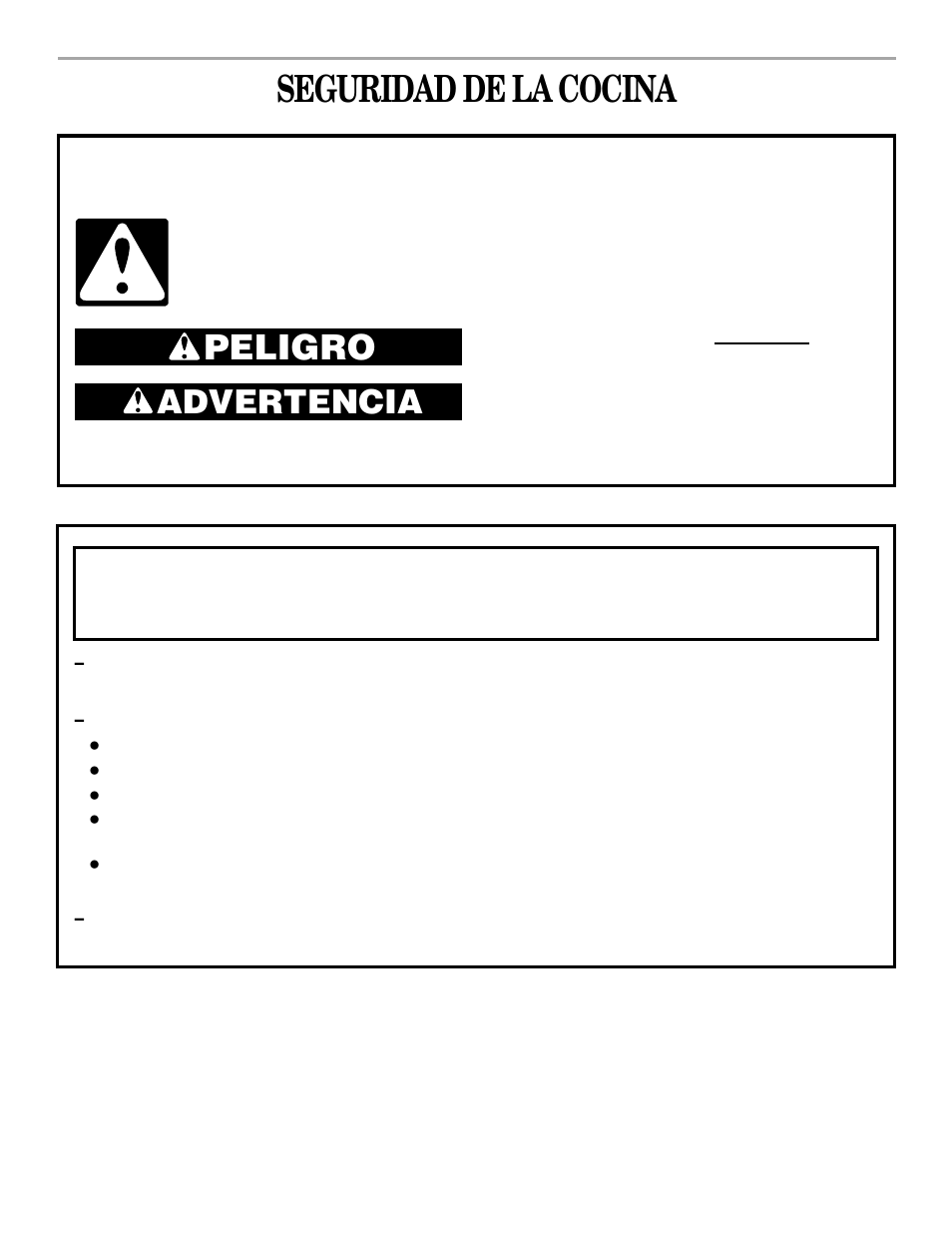 Spanish version, Seguridad de la cocina, Peligro | Advertencia | Whirlpool YSF315PEK User Manual | Page 19 / 52