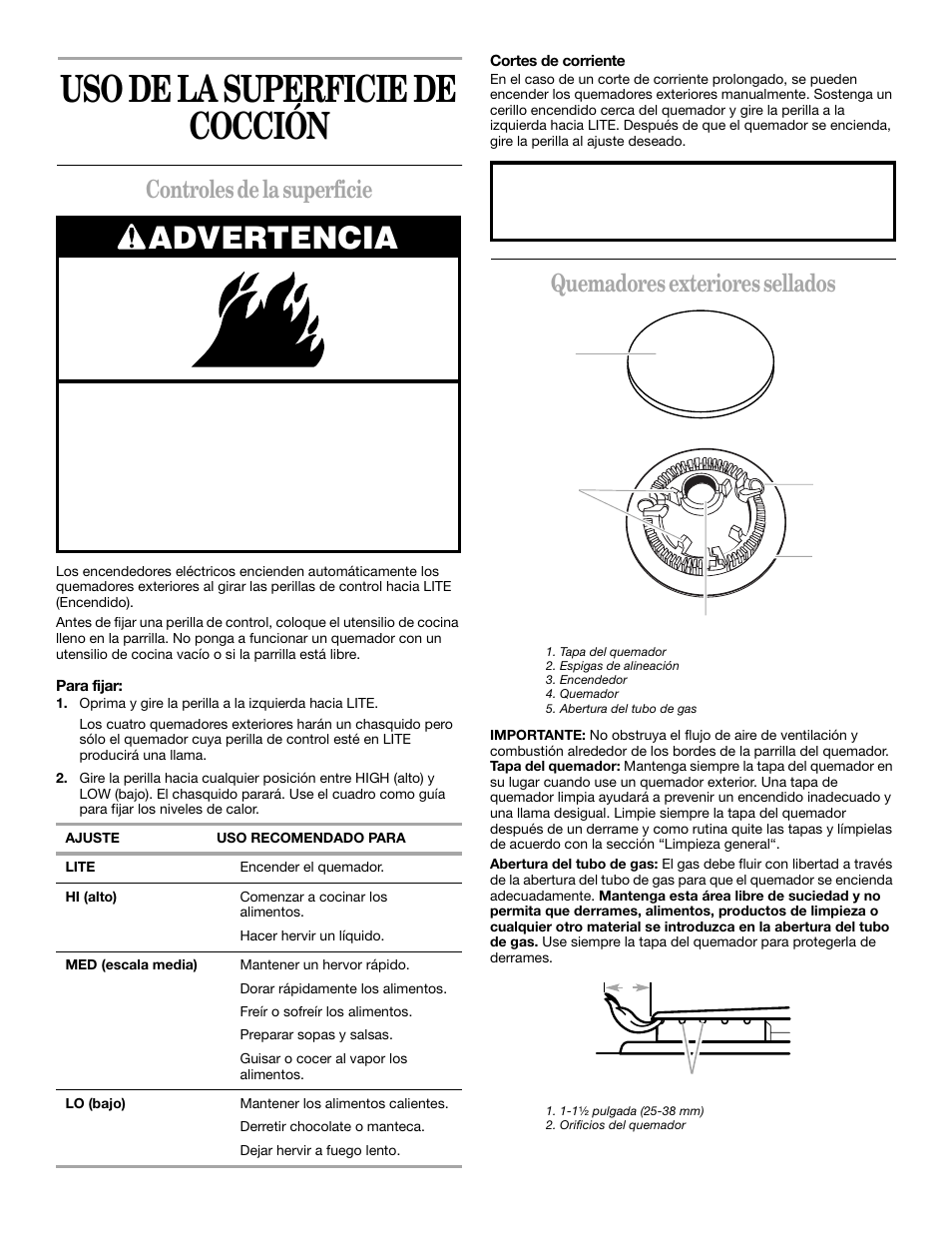 Uso de la superficie de coccion, Uso de la superficie de cocción, Advertencia | Controles de la superficie, Quemadores exteriores sellados | Whirlpool YSF315PEK User Manual | Page 23 / 52