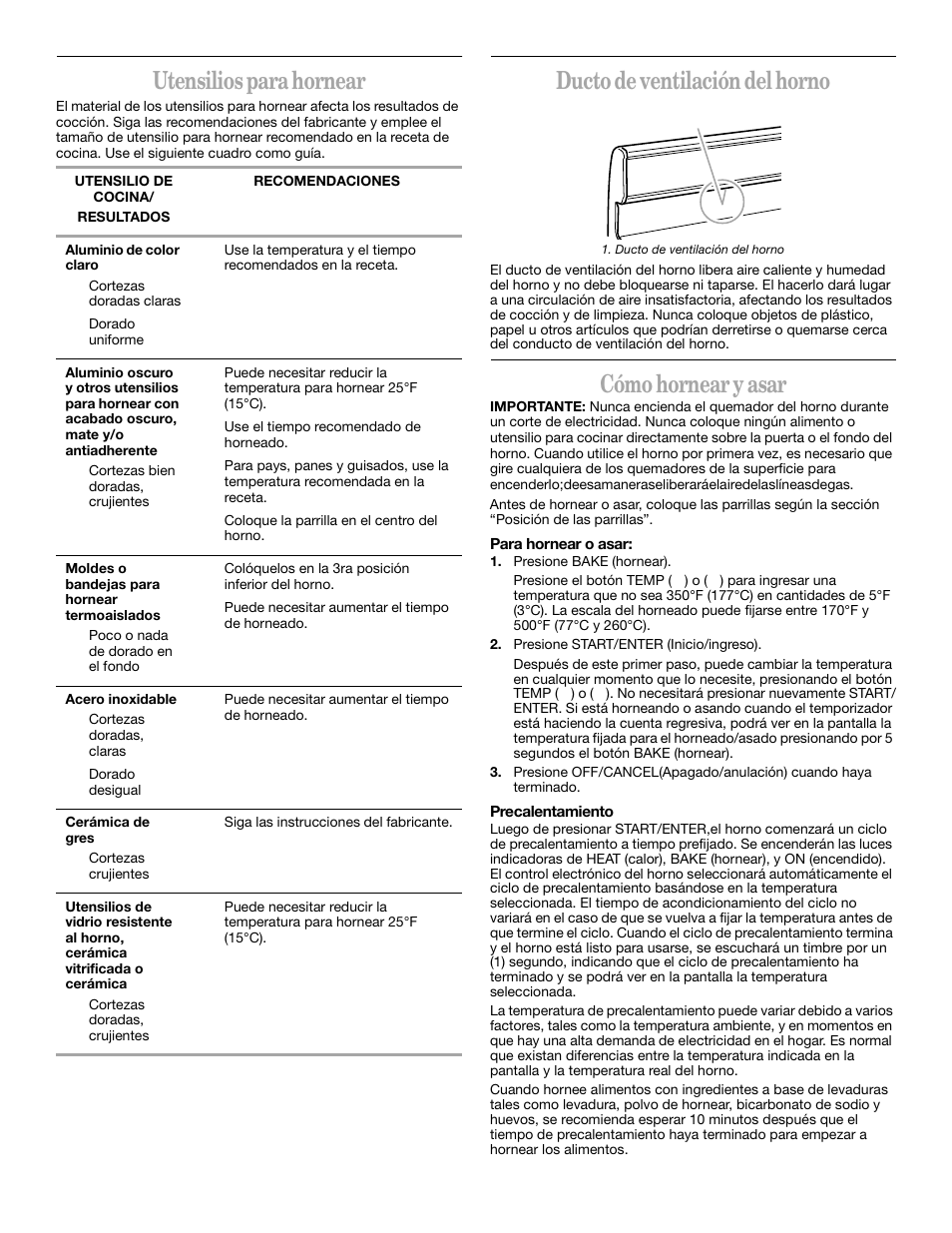 Utensilios para hornear, Ducto de ventilación del horno, Cómo hornear y asar | Whirlpool YSF315PEK User Manual | Page 28 / 52