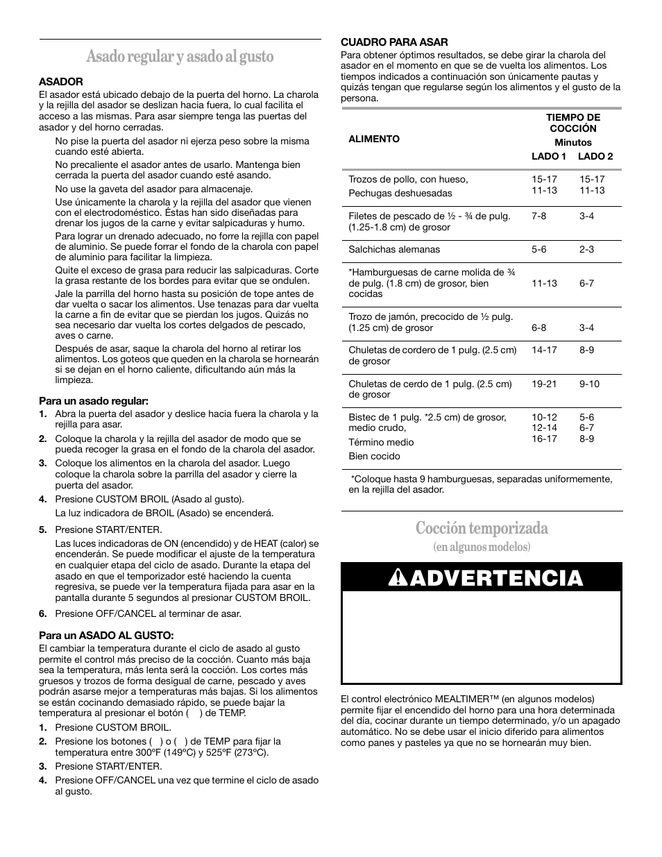 Advertencia, Asado regular y asado al gusto, Cocción temporizada | En algunos modelos) | Whirlpool YSF315PEK User Manual | Page 29 / 52