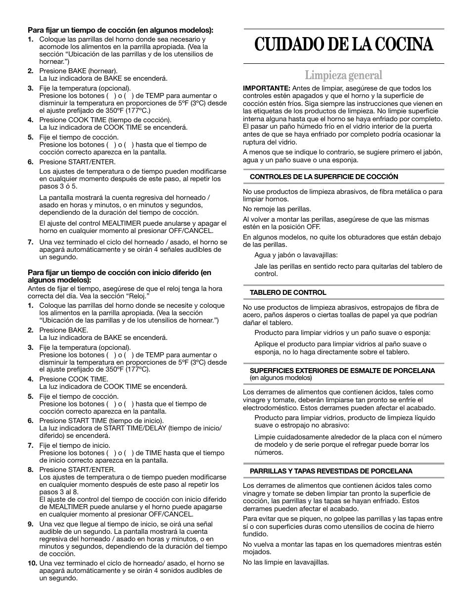 Cuidado de la cocina, Limpieza general | Whirlpool YSF315PEK User Manual | Page 30 / 52