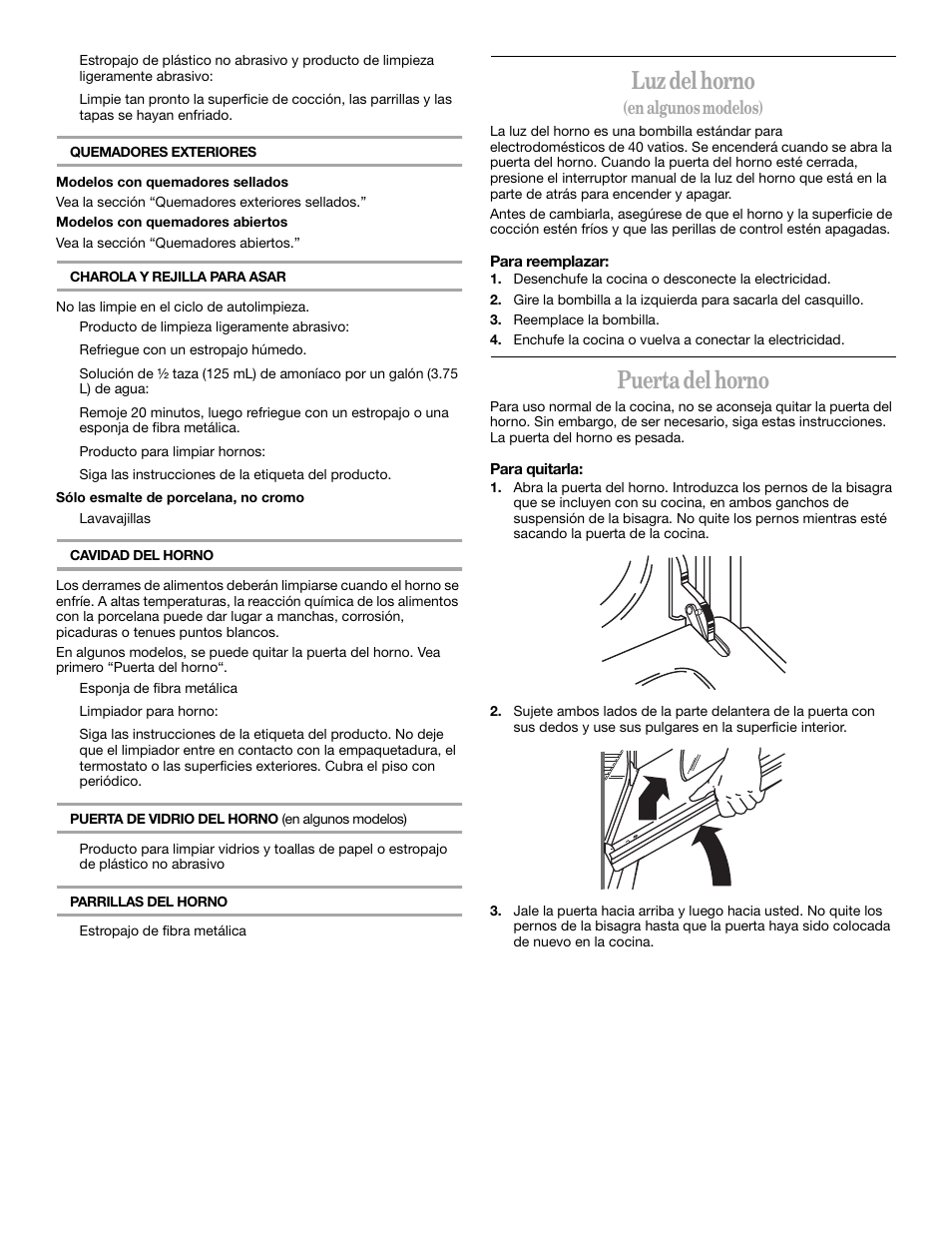 Luz del horno, Puerta del horno, En algunos modelos) | Whirlpool YSF315PEK User Manual | Page 31 / 52
