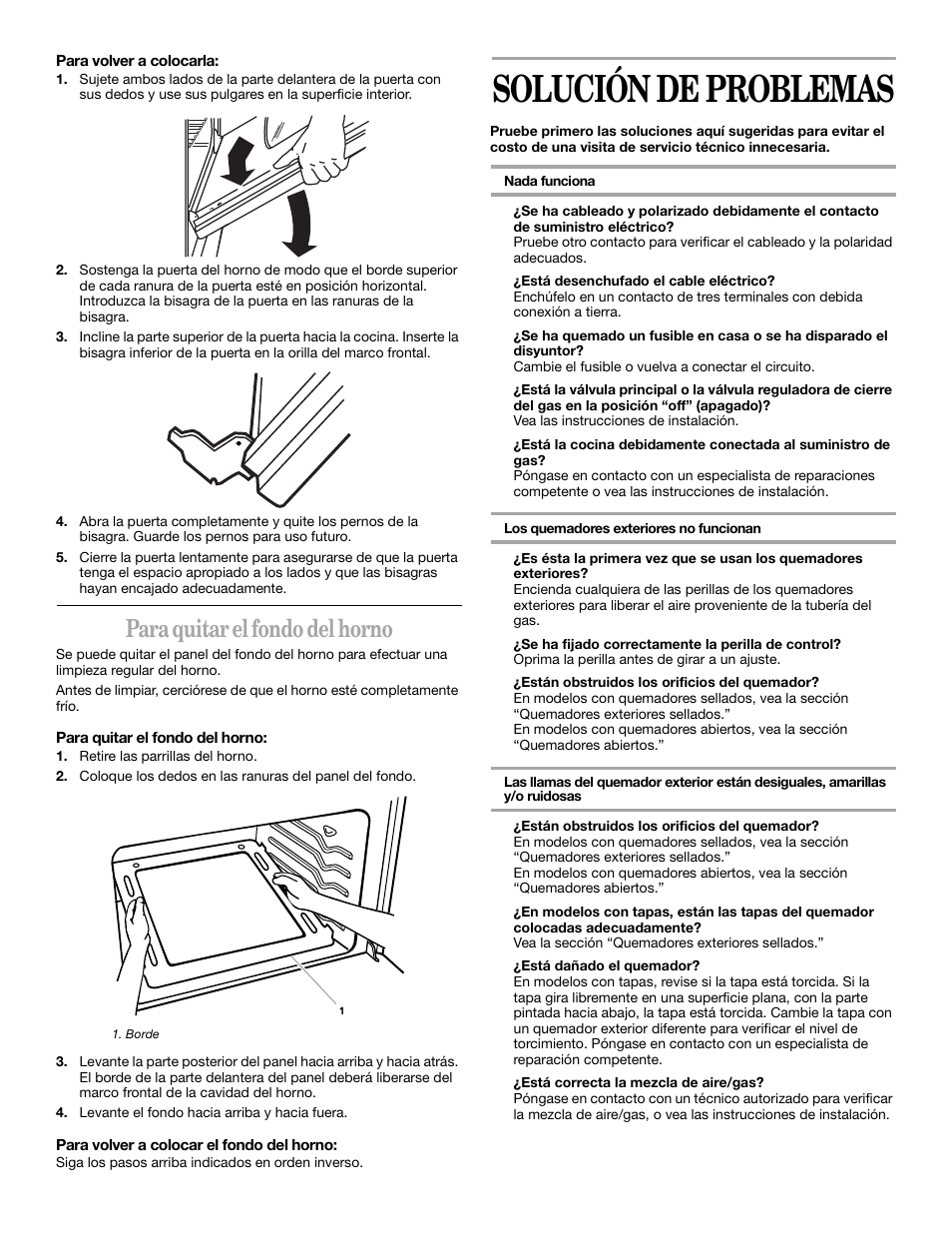 Solución de problemas, Para quitar el fondo del horno | Whirlpool YSF315PEK User Manual | Page 32 / 52