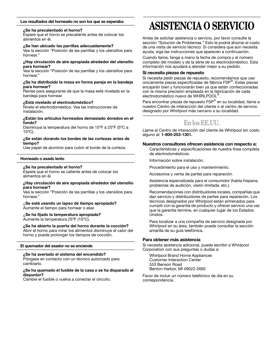 Asistencia o servicio, En los ee.uu | Whirlpool YSF315PEK User Manual | Page 34 / 52