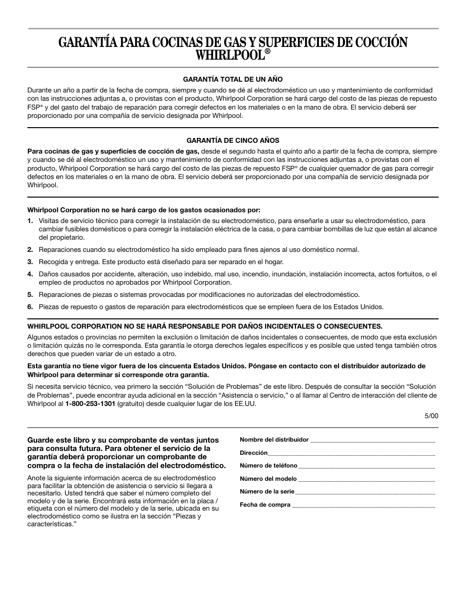 Garantía | Whirlpool YSF315PEK User Manual | Page 35 / 52