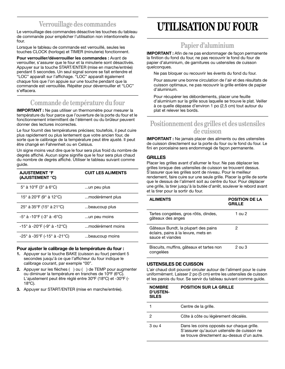 Utilisation du four, Verrouillage des commandes, Commande de température du four | Papier d’aluminium | Whirlpool YSF315PEK User Manual | Page 43 / 52