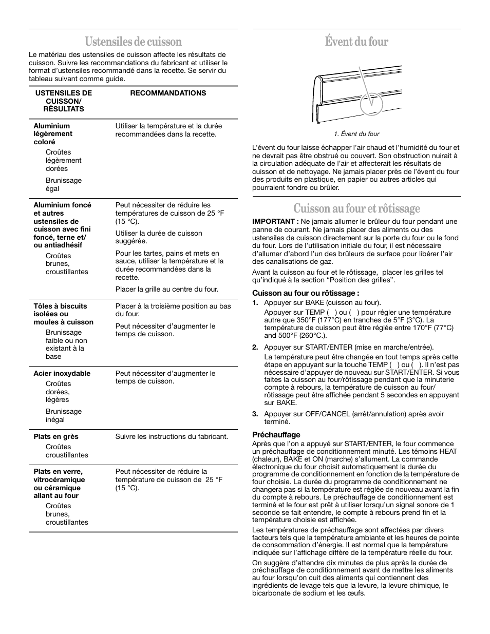 Ustensiles de cuisson, Évent du four, Cuisson au four et rôtissage | Whirlpool YSF315PEK User Manual | Page 44 / 52