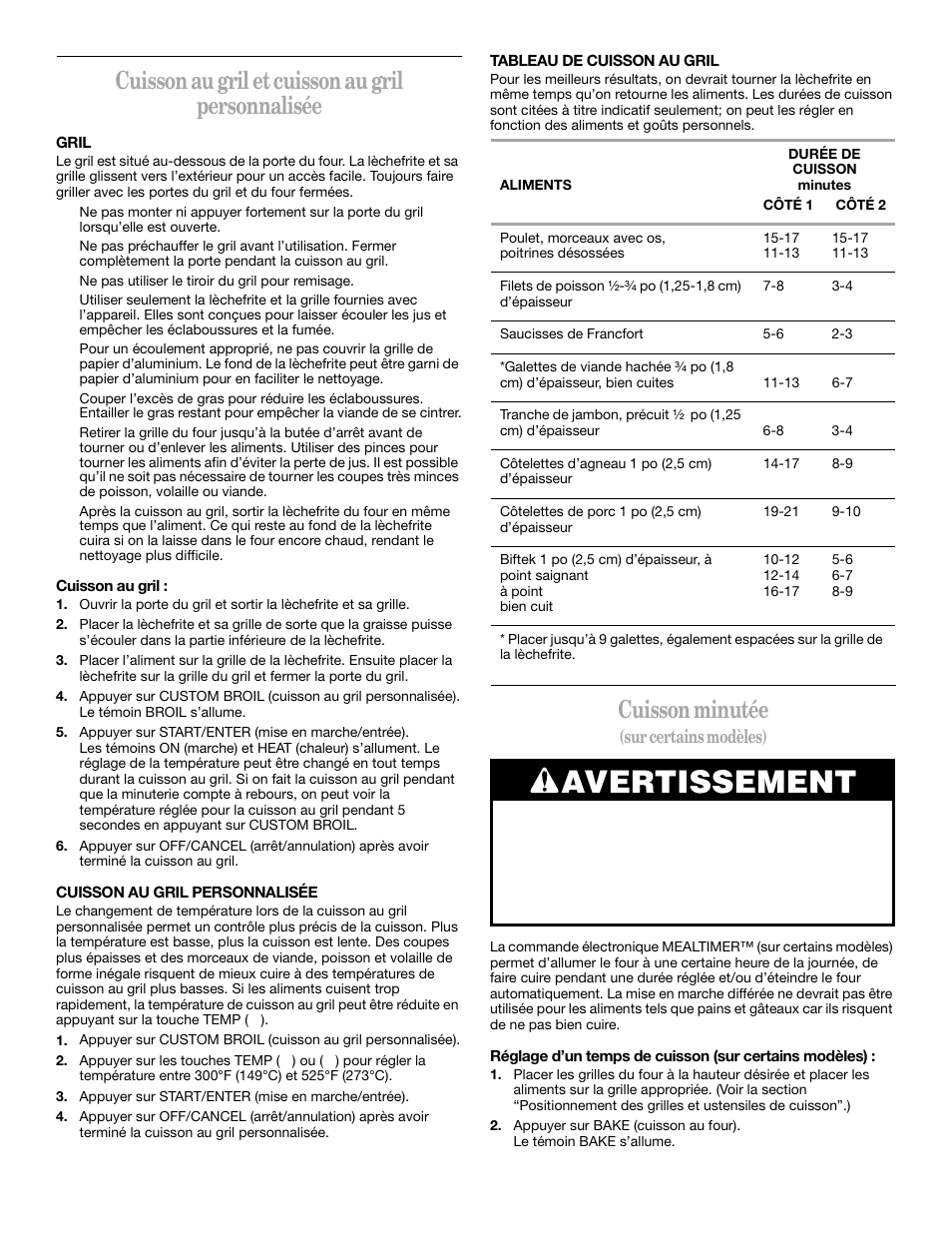 Avertissement, Cuisson au gril et cuisson au gril personnalisée, Cuisson minutée | Sur certains modèles) | Whirlpool YSF315PEK User Manual | Page 45 / 52