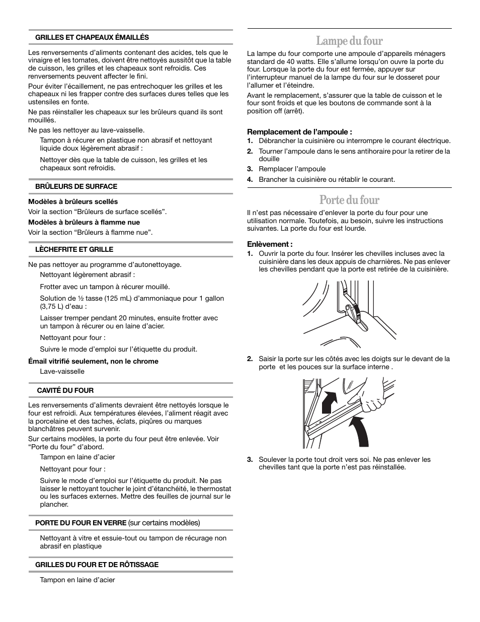 Lampe du four, Porte du four | Whirlpool YSF315PEK User Manual | Page 47 / 52