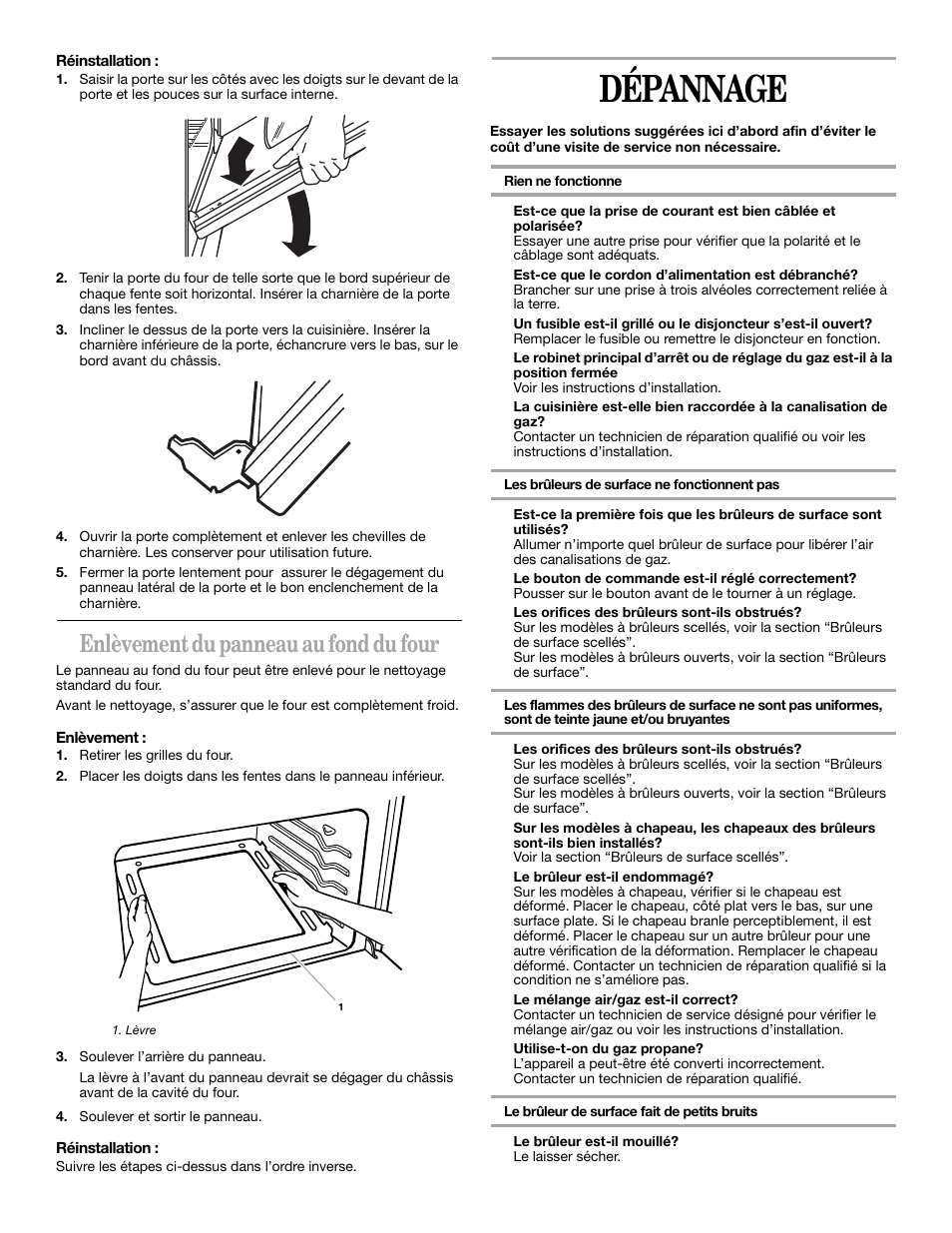 Dépannage, Enlèvement du panneau au fond du four | Whirlpool YSF315PEK User Manual | Page 48 / 52