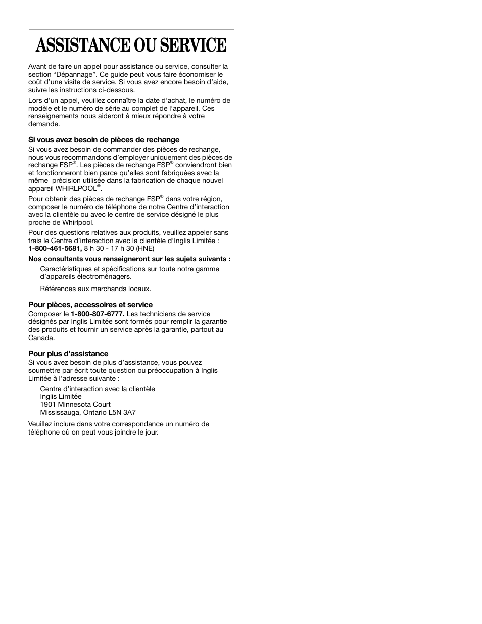 Assistance ou service | Whirlpool YSF315PEK User Manual | Page 50 / 52