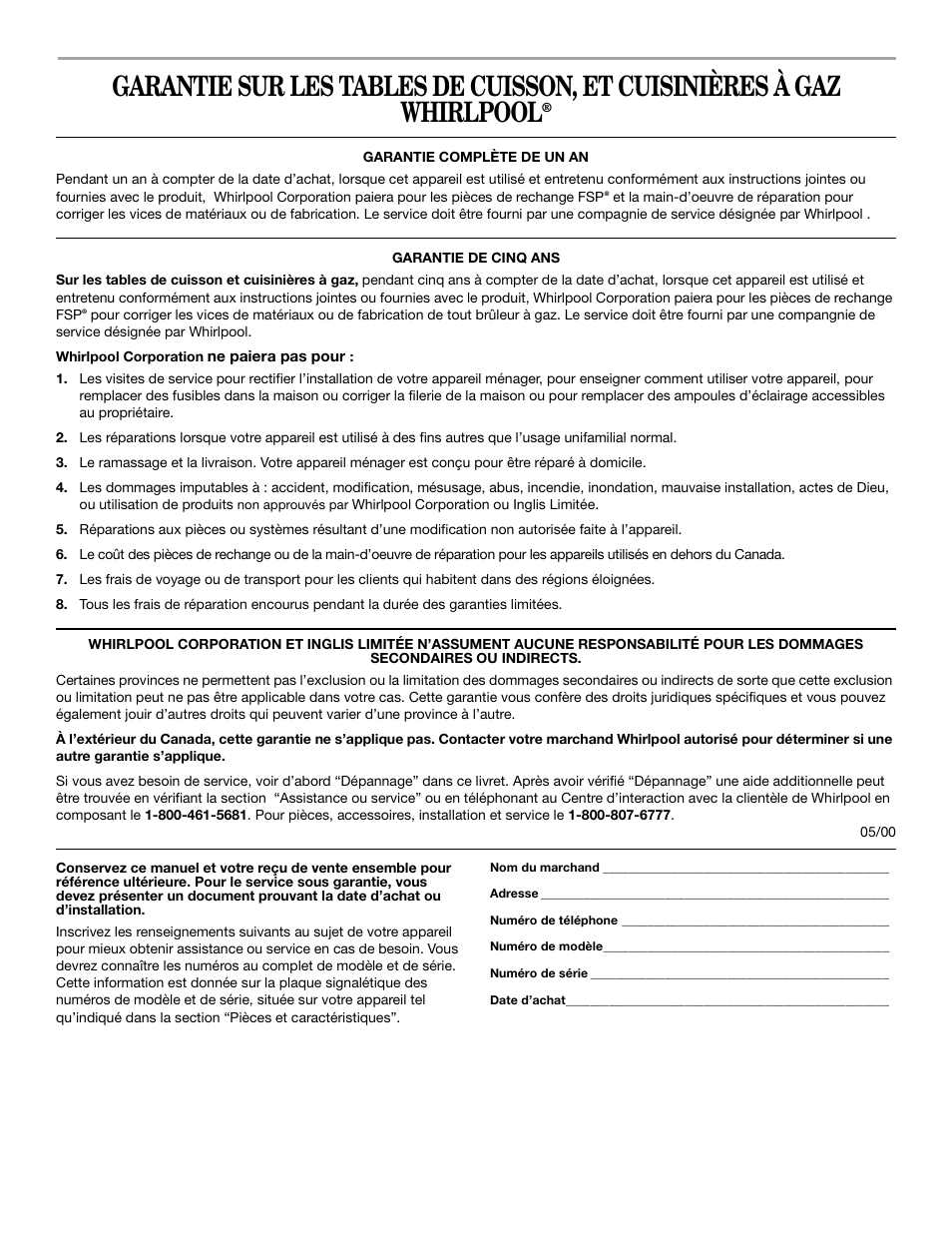Garantie | Whirlpool YSF315PEK User Manual | Page 51 / 52