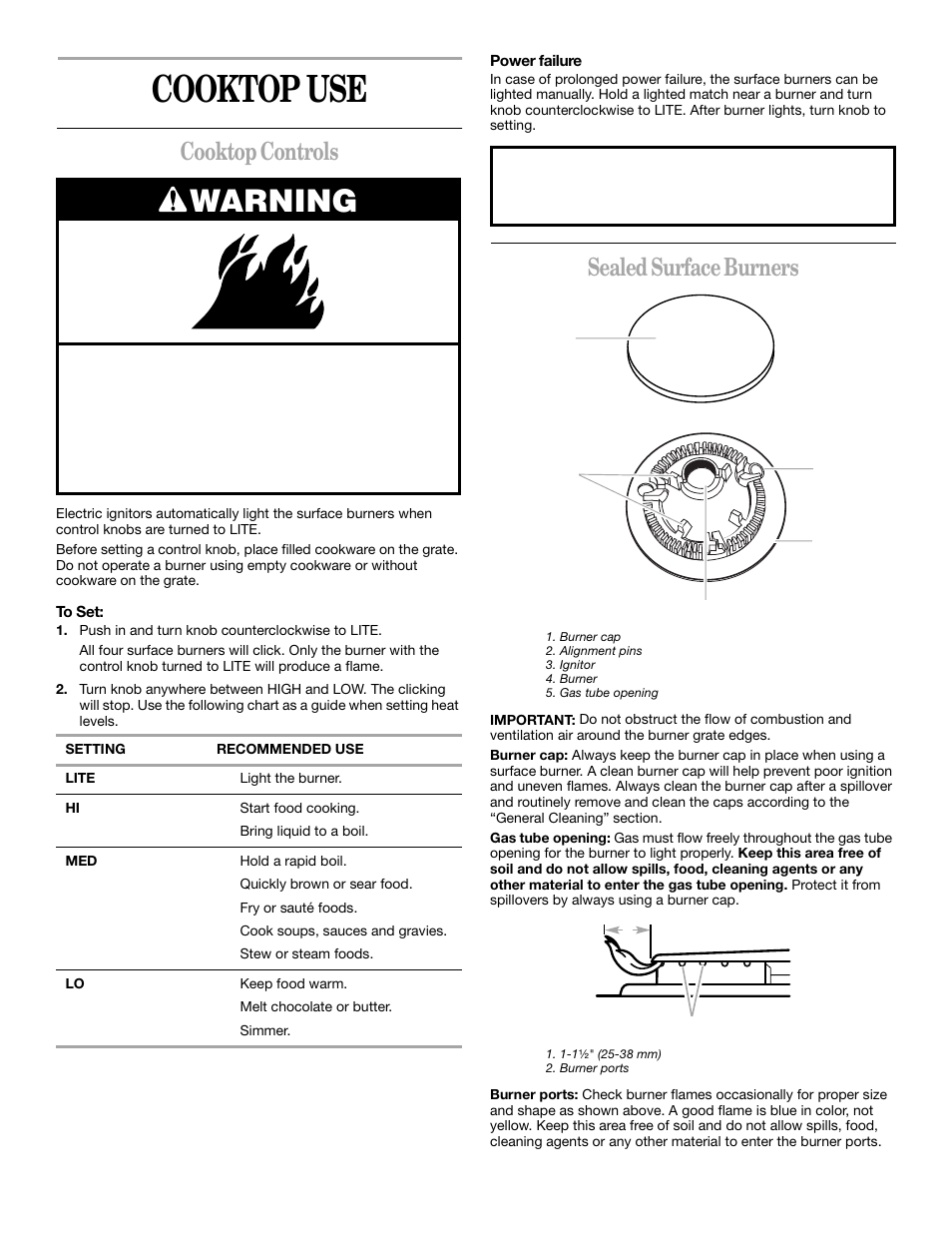 Cooktop use, Warning, Cooktop controls | Sealed surface burners | Whirlpool YSF315PEK User Manual | Page 6 / 52