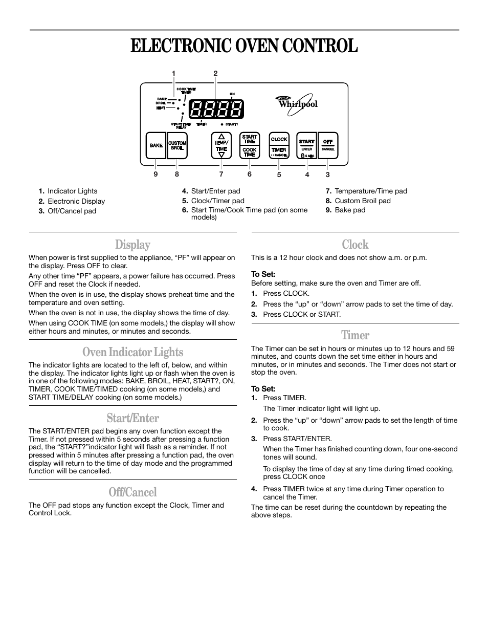 Electronic oven control, Display, Oven indicator lights | Start/enter, Off/cancel, Clock, Timer | Whirlpool YSF315PEK User Manual | Page 9 / 52