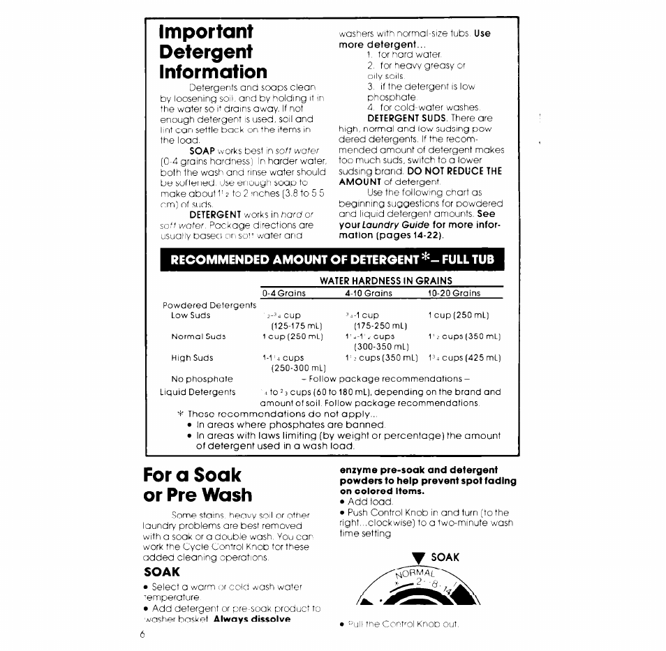 Important, Detergent, Information | For a soak or pre wash, Y soak, Important detergent information, Recommended amount of detergent full tub, Soak | Whirlpool LC4500XK User Manual | Page 6 / 12