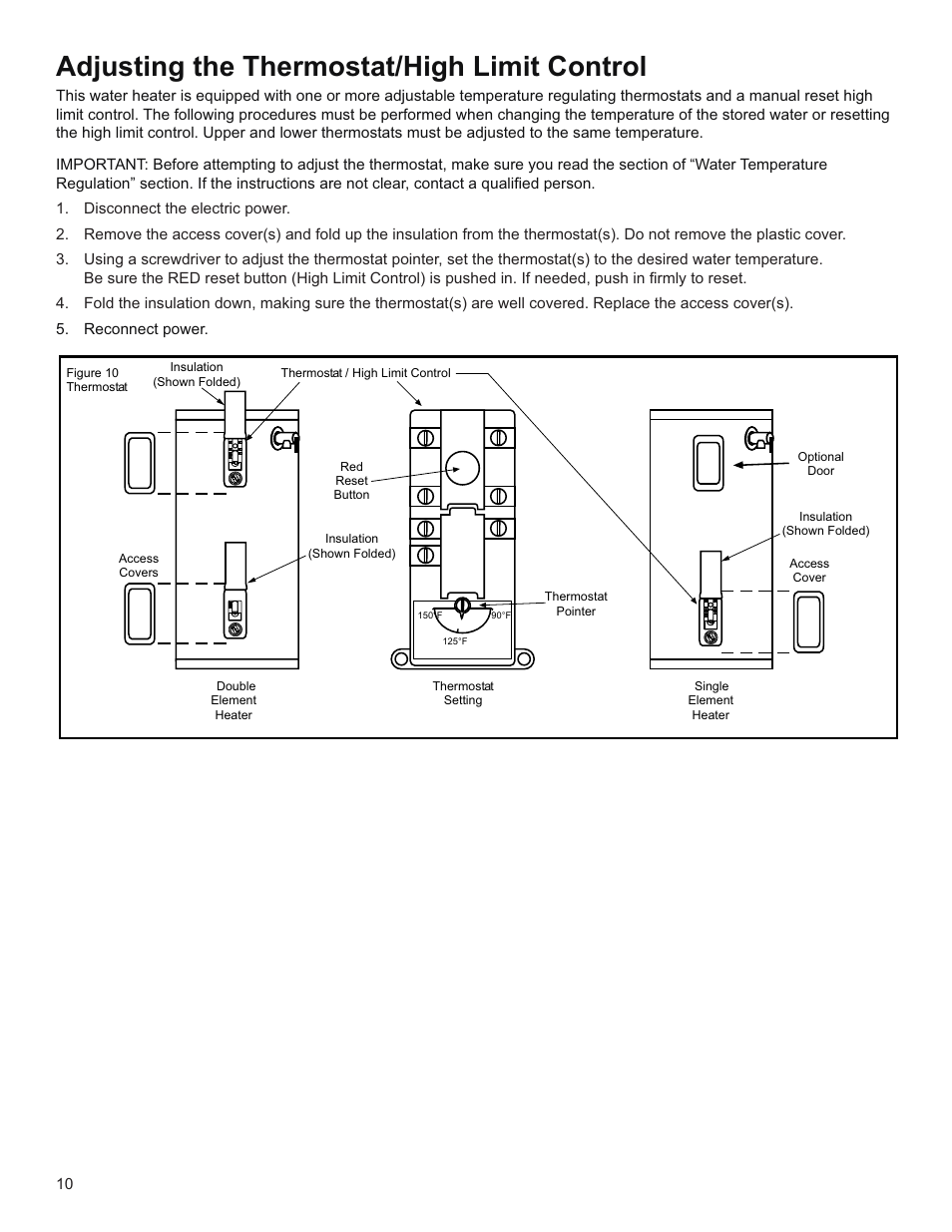 Adjusting the thermostat/high limit control | Whirlpool E2F65HD045V User Manual | Page 10 / 16