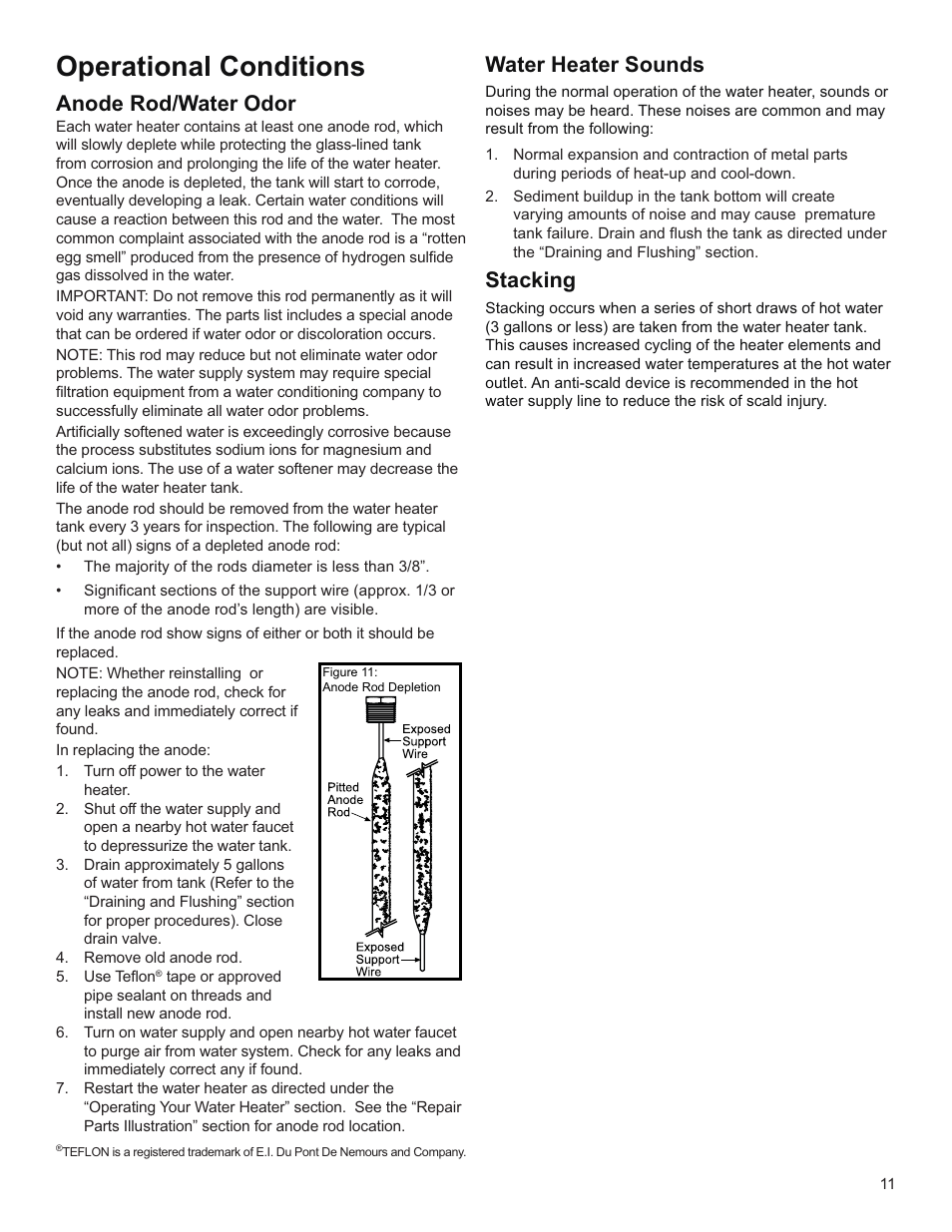 Operational conditions, Anode rod/water odor, Water heater sounds | Stacking | Whirlpool E2F65HD045V User Manual | Page 11 / 16