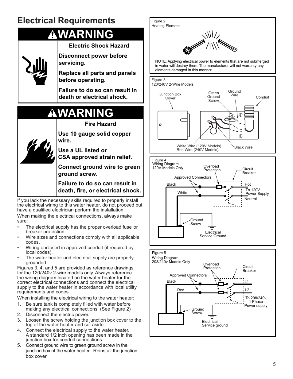 Warning, Electrical requirements | Whirlpool E2F65HD045V User Manual | Page 5 / 16