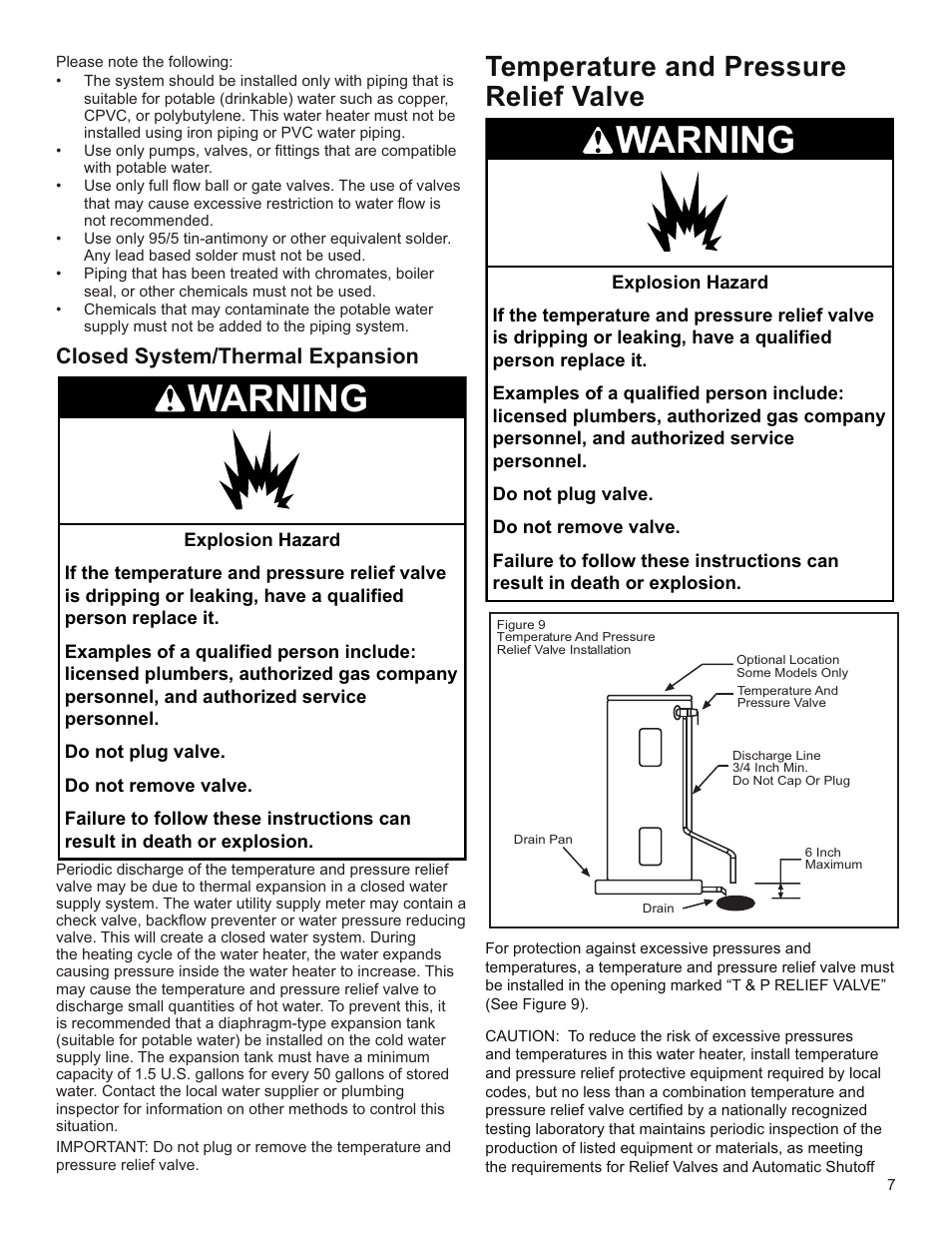 Warning, Temperature and pressure relief valve, Closed system/thermal expansion | Whirlpool E2F65HD045V User Manual | Page 7 / 16