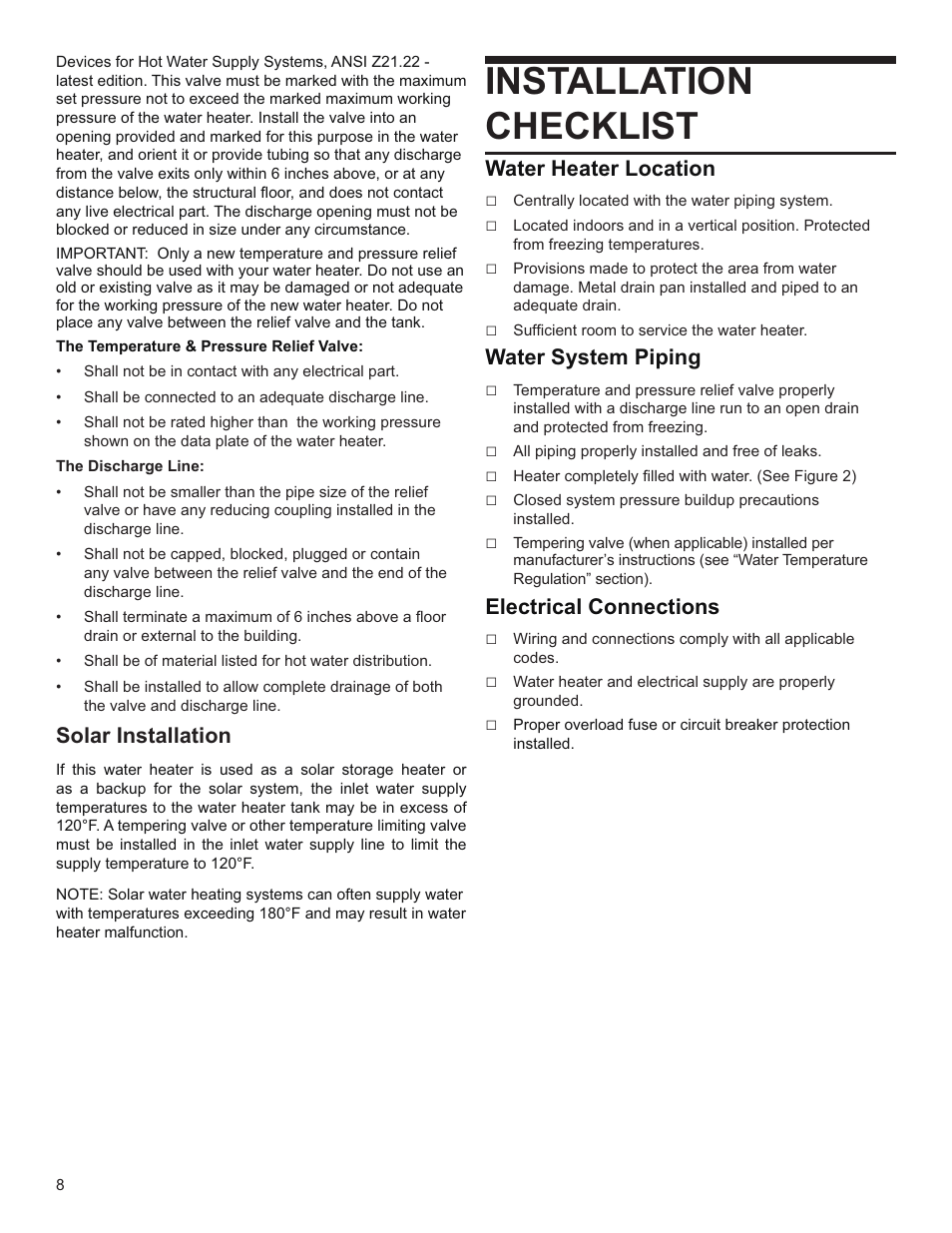 Installation checklist, Solar installation, Water heater location | Water system piping, Electrical connections | Whirlpool E2F65HD045V User Manual | Page 8 / 16