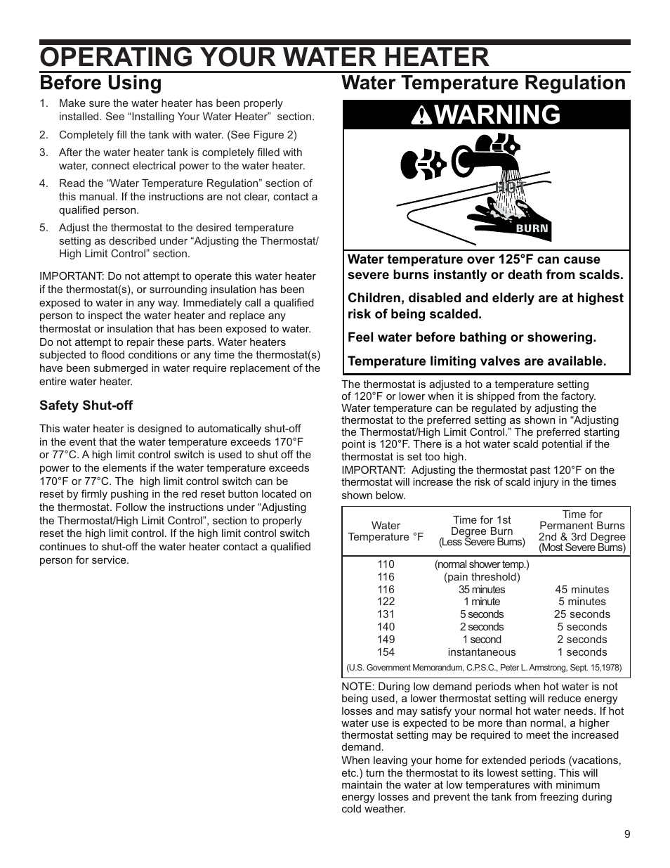 Operating your water heater, Warning, Before using | Water temperature regulation | Whirlpool E2F65HD045V User Manual | Page 9 / 16