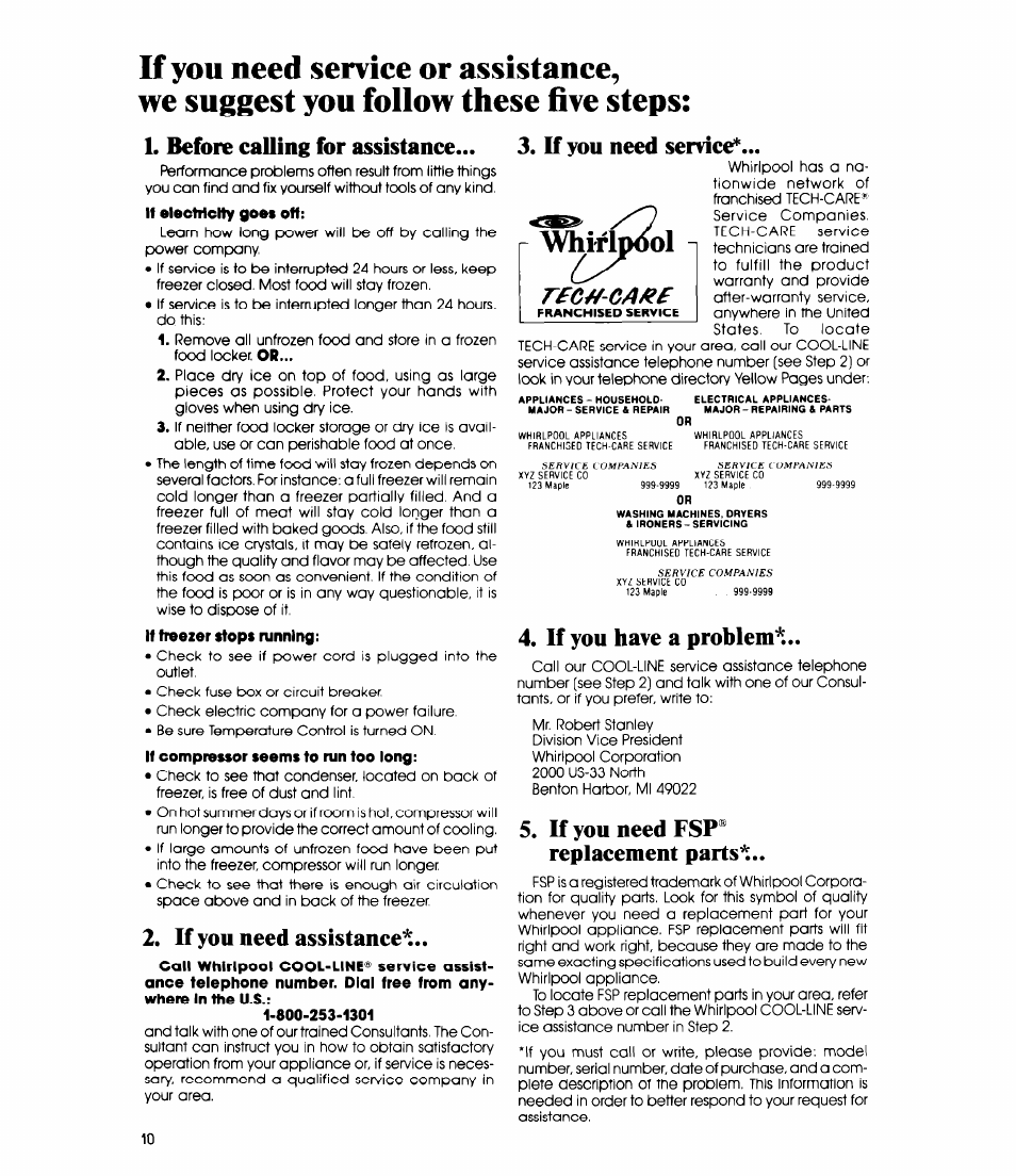 Before calling for assistance, If you need assistance, If you need service | If you have a problem, If you need fsp® replacement parts, Rfc^-ca^f | Whirlpool EV130C User Manual | Page 10 / 12