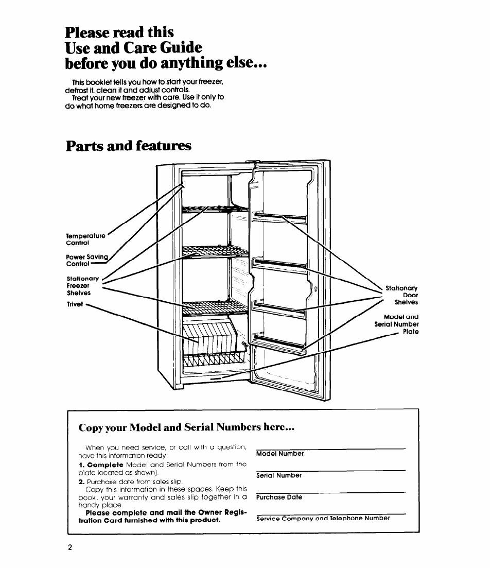 Parts and features, Copy your model and serial numbers here | Whirlpool EV130C User Manual | Page 2 / 12