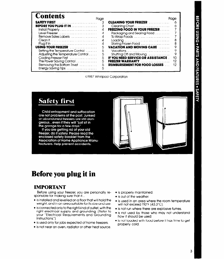 Before you plug it in, Important, Safety first | Before you plug it in important | Whirlpool EV130C User Manual | Page 3 / 12