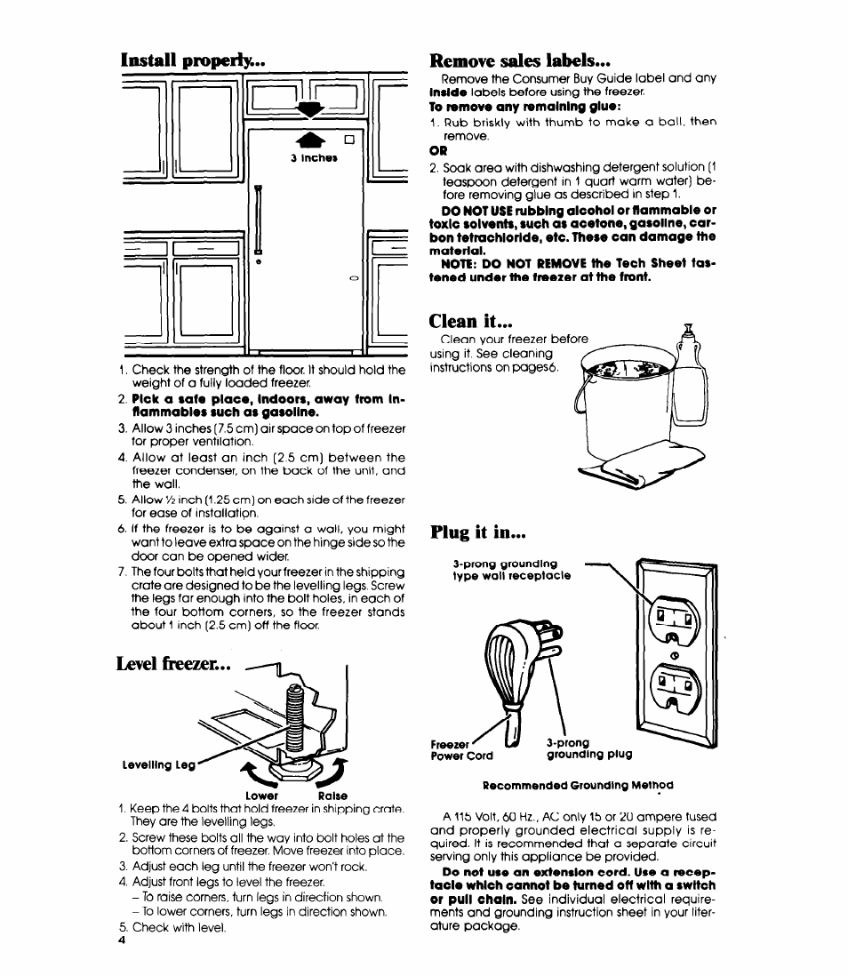 Install properly, Remove sales labels, Plug it in | Whirlpool EV130C User Manual | Page 4 / 12