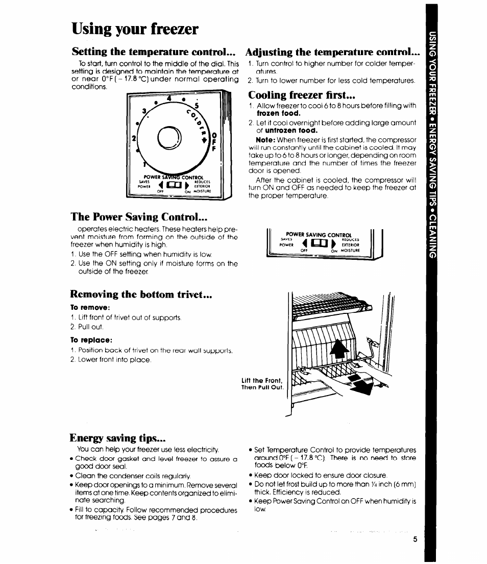 Using your freezer, Setting the temperature control, Adjusting the temperature control | Cooling freezer first, The poner saving control, Removing the bottom trivet, Energy saving tips, Using your freezer setting the temperature control | Whirlpool EV130C User Manual | Page 5 / 12