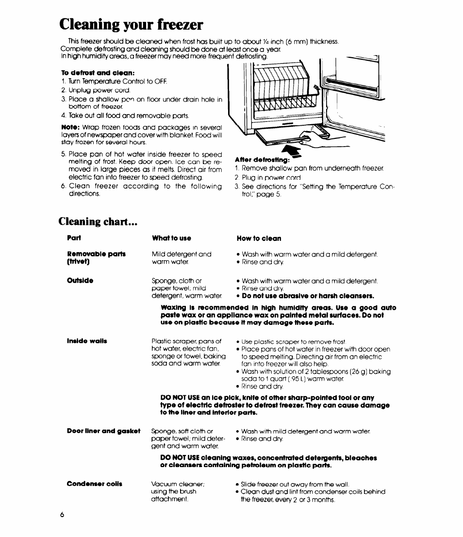 Cleaning your freezer, To dofidst and clean, Cleaning chart | Whirlpool EV130C User Manual | Page 6 / 12