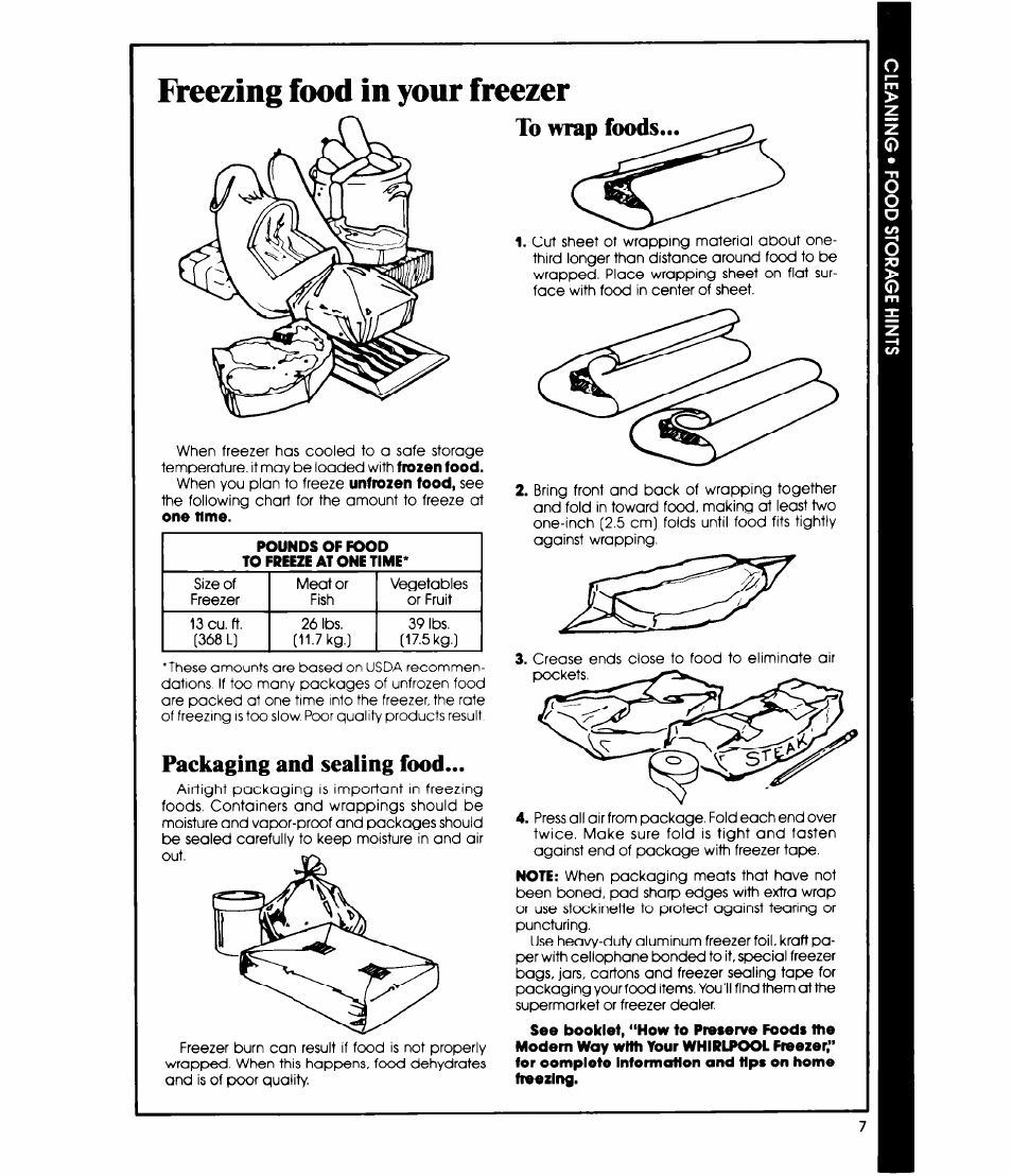 Freezing food in your freezer, To nrap foods, Packaging and sealing food | Freezing food in your freezer to nrap foods | Whirlpool EV130C User Manual | Page 7 / 12