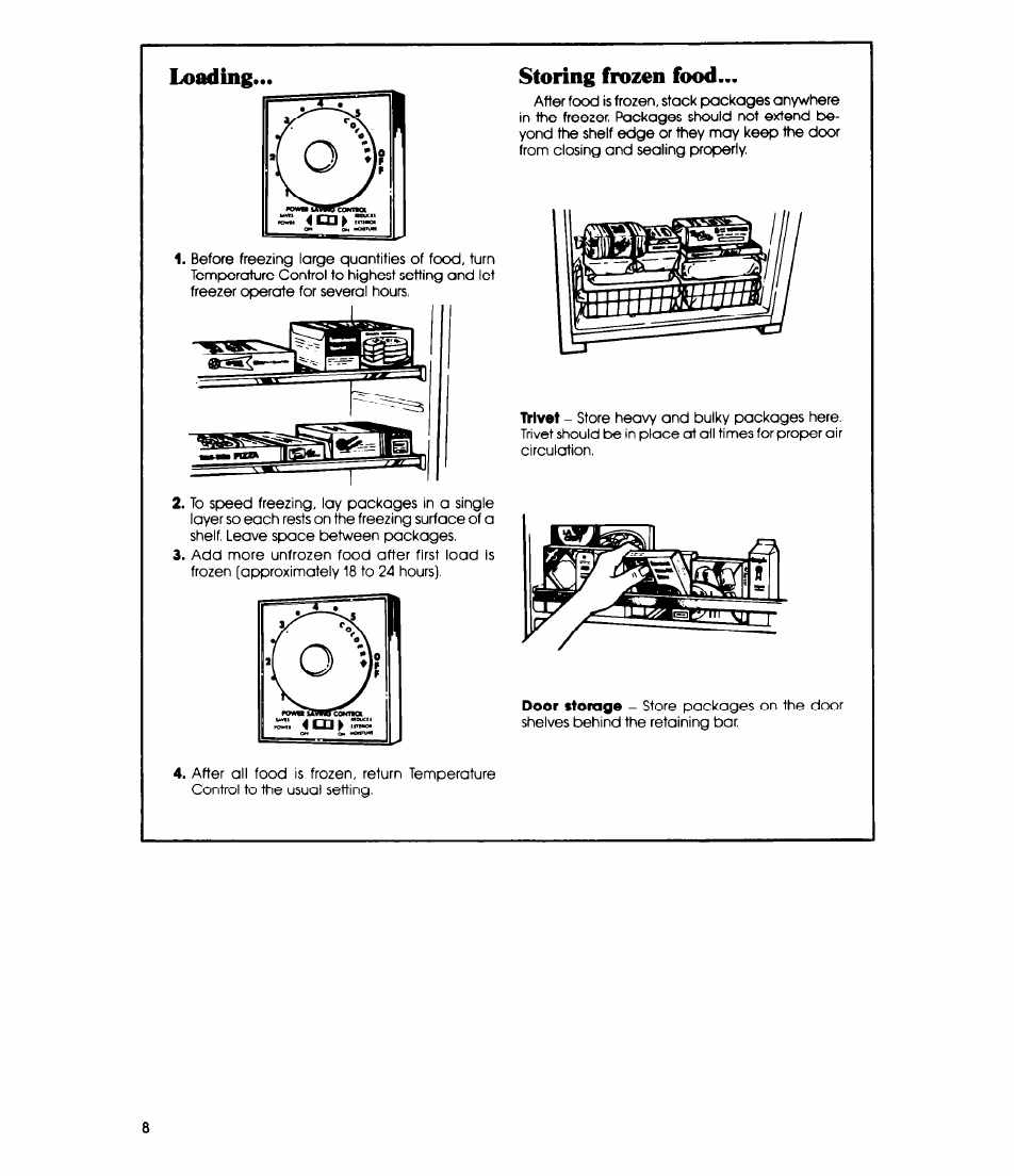 Loading, Storing frozen food | Whirlpool EV130C User Manual | Page 8 / 12