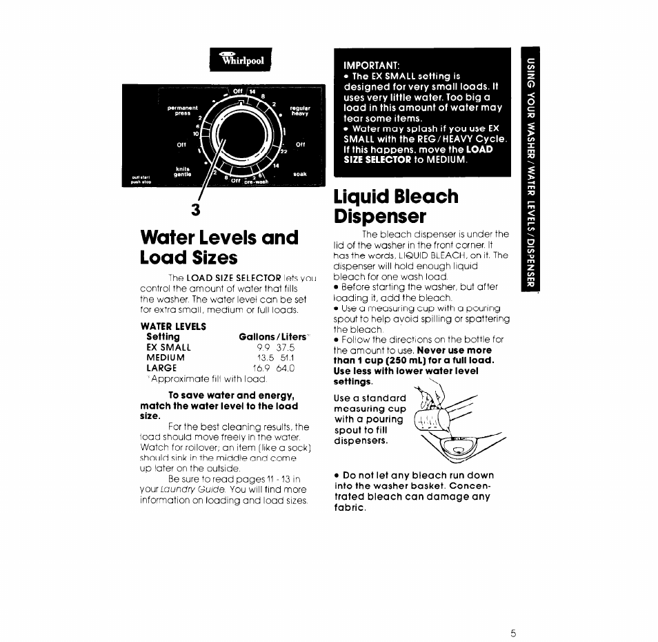 Water levels and load sizes, Liquid bieach dispenser | Whirlpool 2LA5700XK User Manual | Page 5 / 12