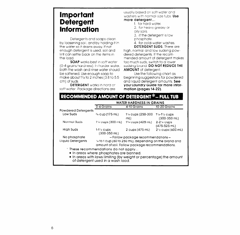 Important, Detergent, Information | Recommended amount of detergent*- full tub, Important detergent information | Whirlpool 2LA5700XK User Manual | Page 6 / 12
